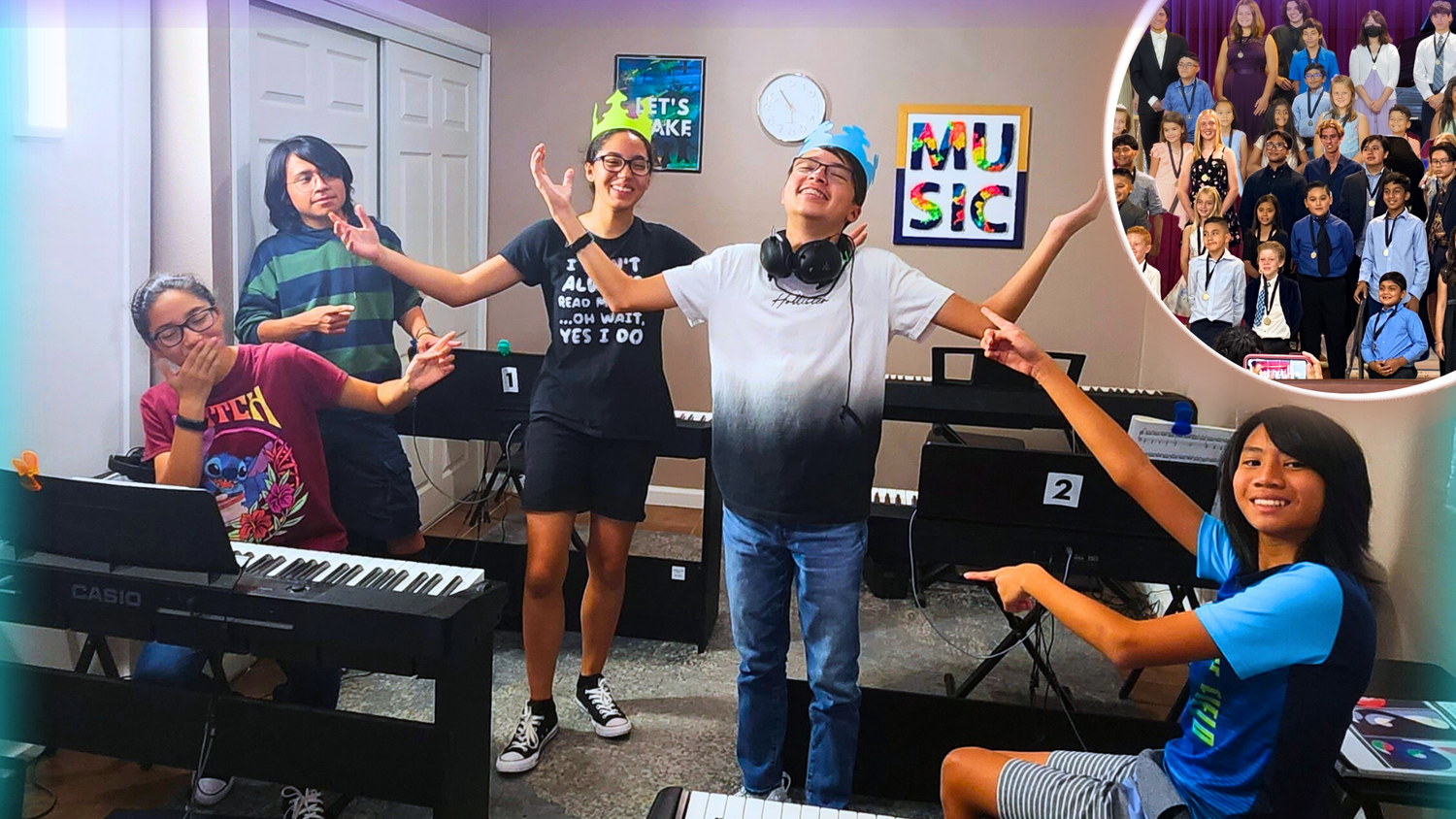 Group of smiling teenagers celebrating the winner of their class challenge in a fun local group piano class in Rancho Cucamonga, perfect for parents in Rancho Cucamonga and Fontana looking for engaging piano classes for kids and teens