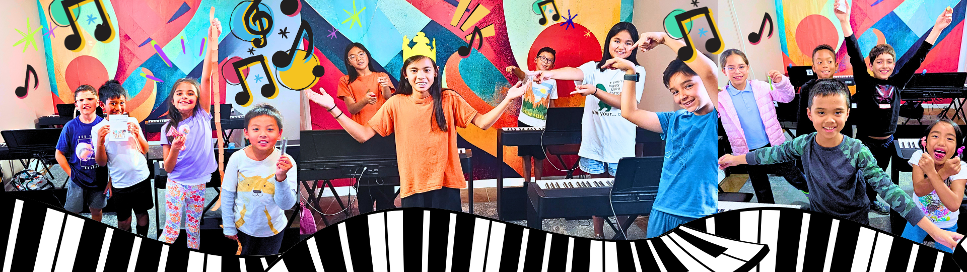 Kids ages 7–12 playing piano together at RC Piano Lessons in Rancho Cucamonga, smiling and celebrating each other’s accomplishments